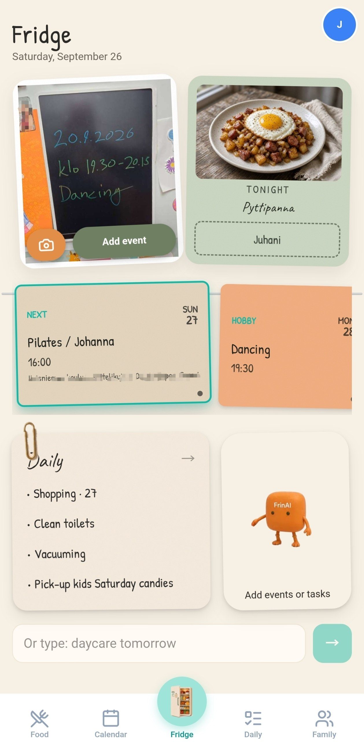 Fridge tab — tonight, the next event, Daily