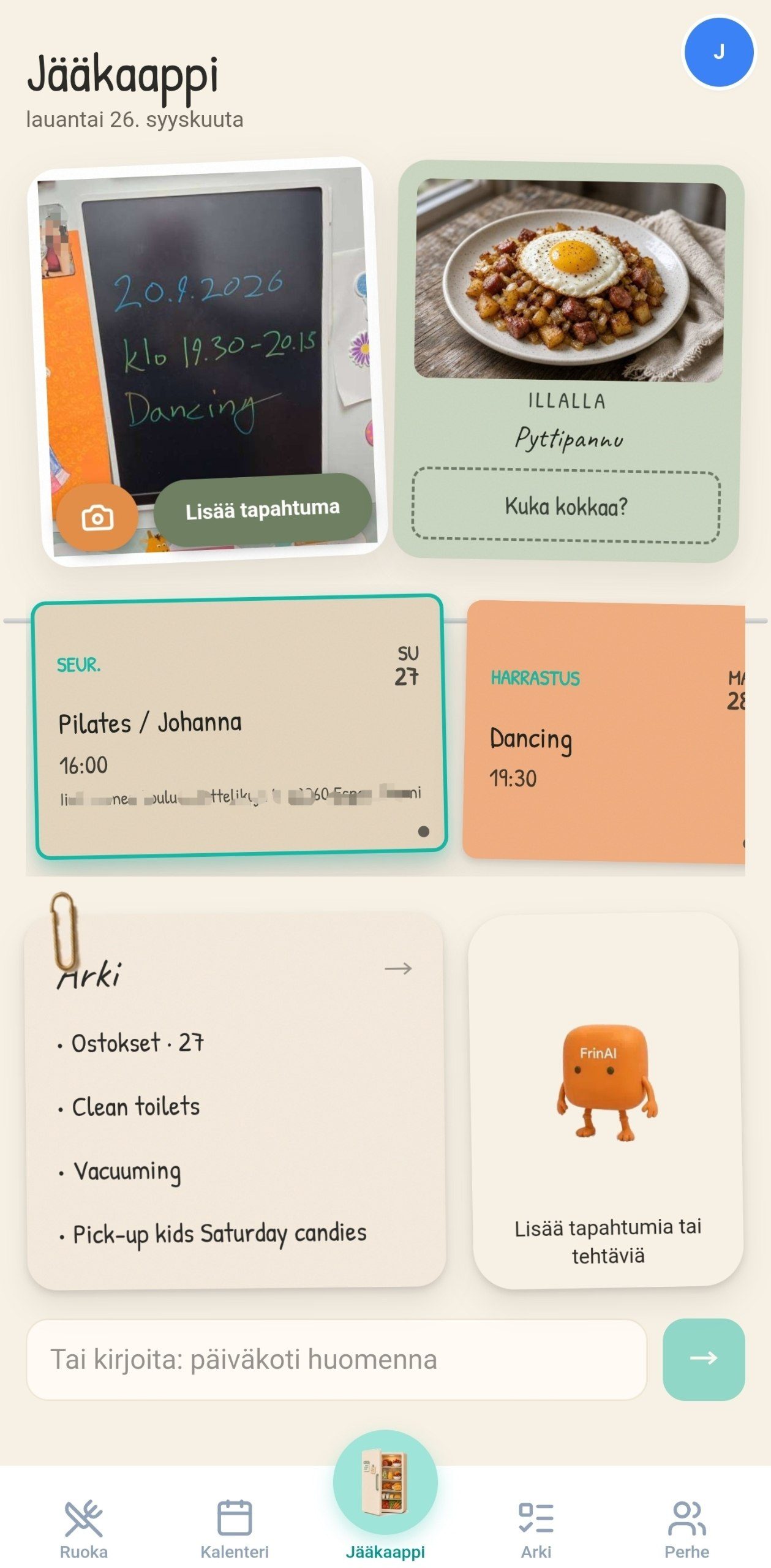 Jääkaappi-välilehti – illallinen, seuraava tapahtuma, Arki
